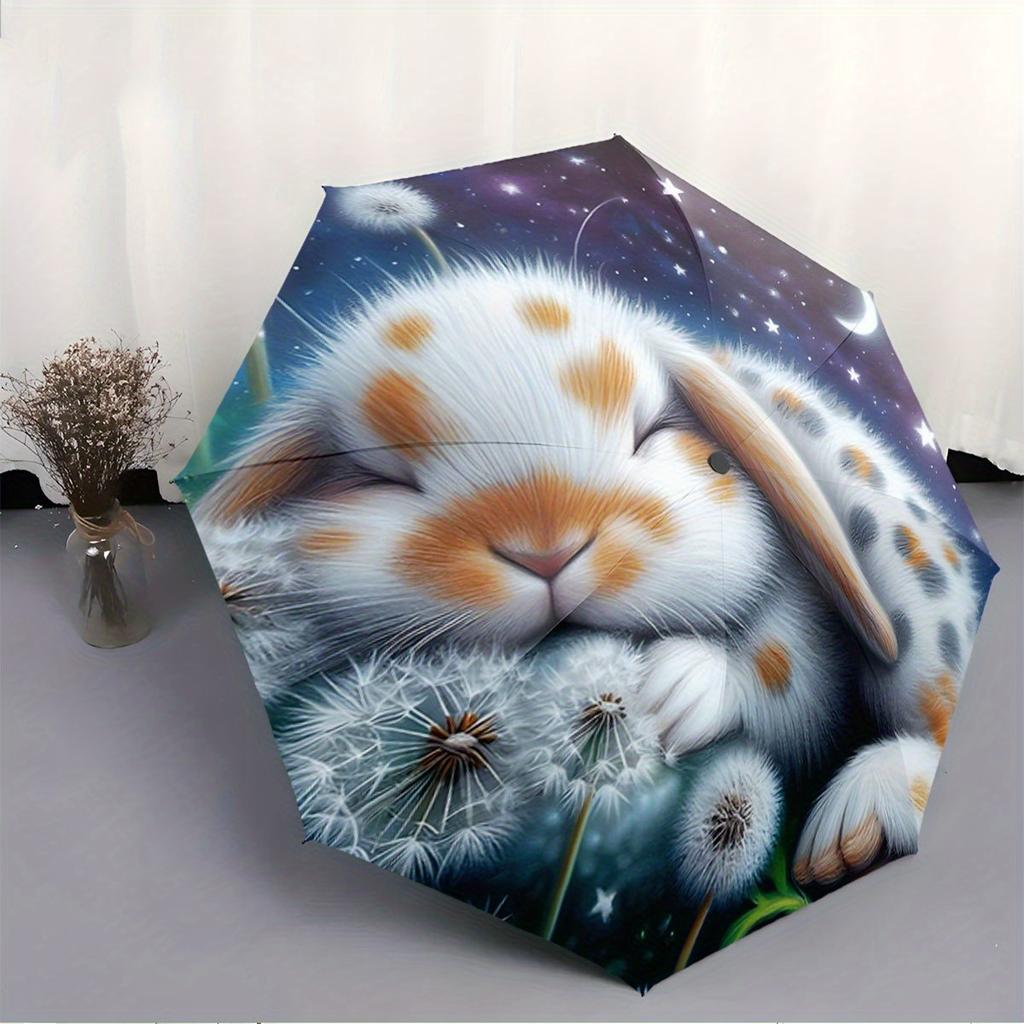 Starry Night Sleeping Rabbit Design Automatic Open/Close Umbrella - 8-Rib Compact Travel Umbrella with Dandelion & Starry Sky