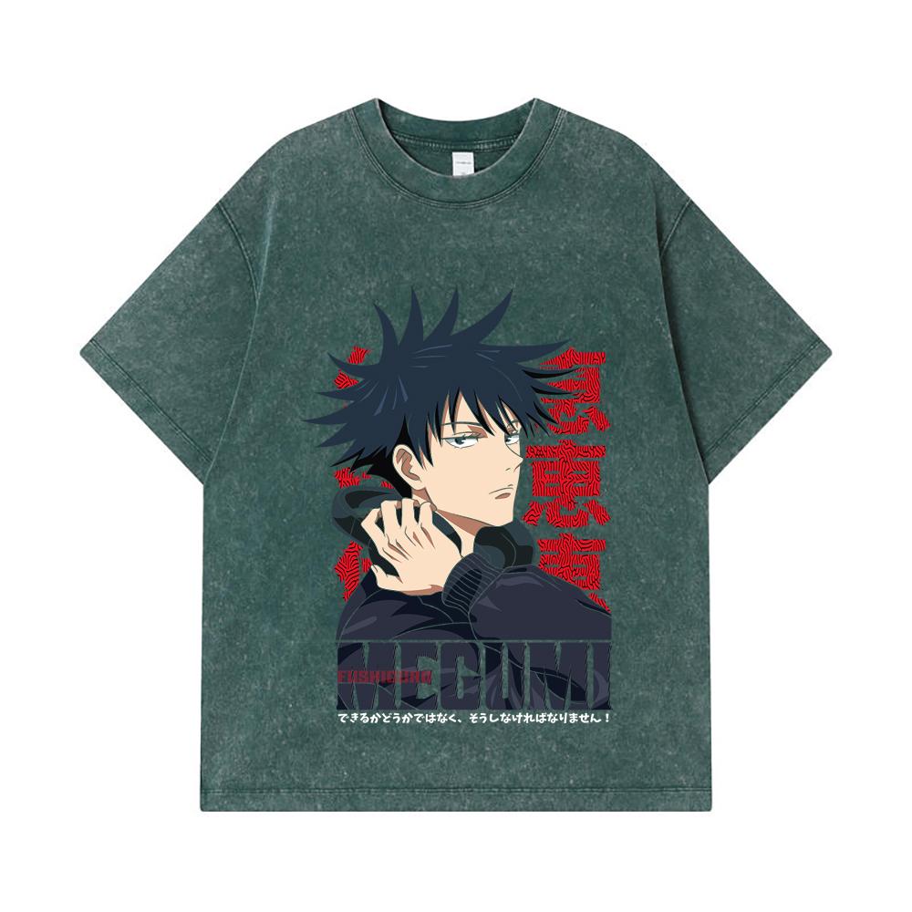 275 GSM Washed T-shirts 100% Cotton Jujutsu Kaisen V38 Megumi Print Unisex Heavy Cotton T Shirt