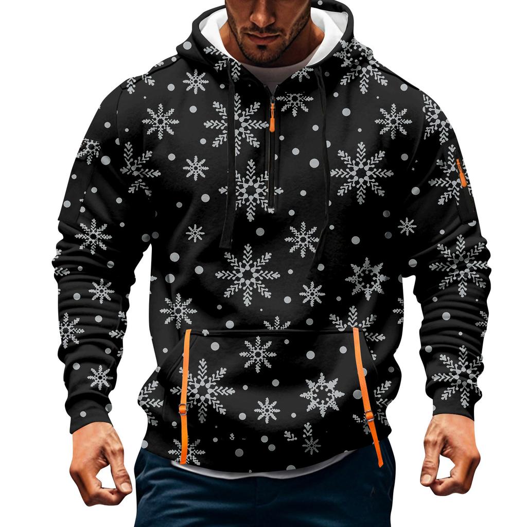 Sudadera deportiva casual de media cremallera con capucha y estampado navideño para hombre