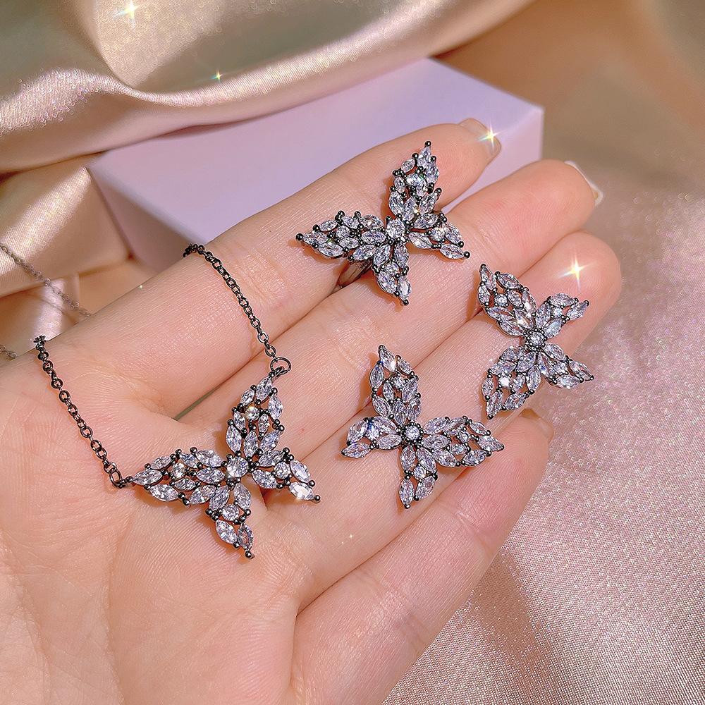 

925 Silver Sweet Bow Bone Chain Necklace Female Net Red Black Gold Two-color Butterfly Simple Stud Earrings Ring Jewelry Set resizable&45cm
