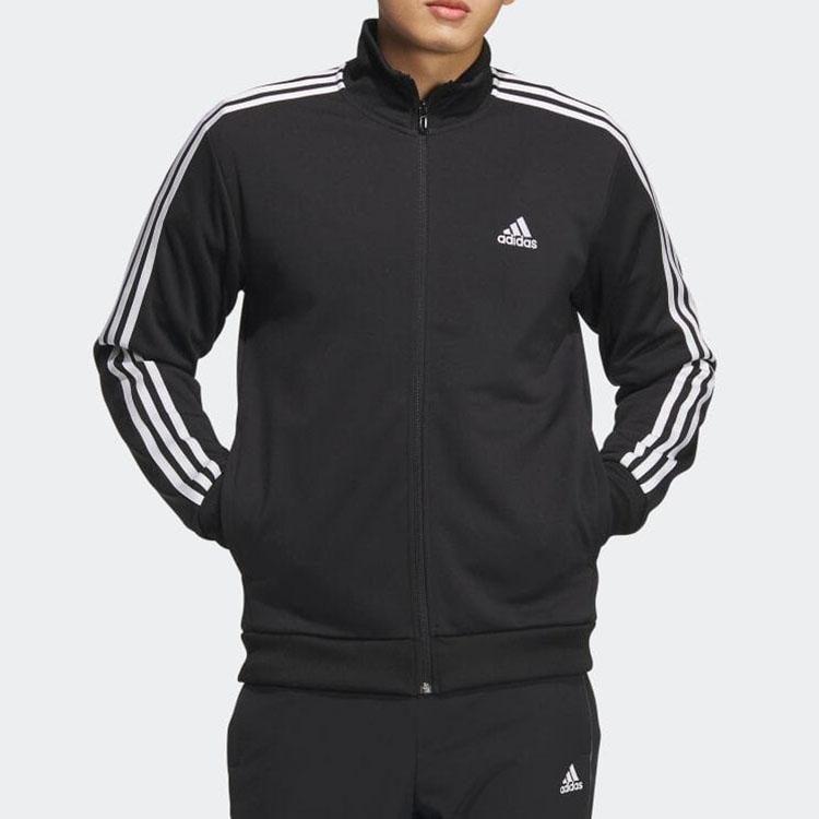 Adidas Color-Block Striped Logo Embroidered Stand Collar Jacket Men Outerwear Black IA9378