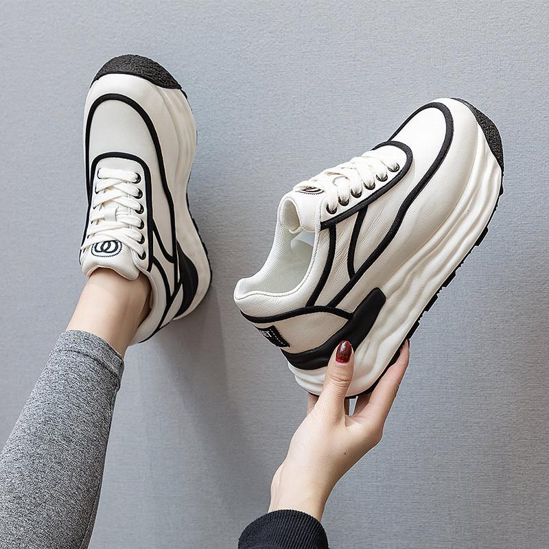 

Spring New Product Leather Sports Shoes Women Thick Soled Color Matching Casual Single Shoes Lace Up Daddy Shoes Female Students
