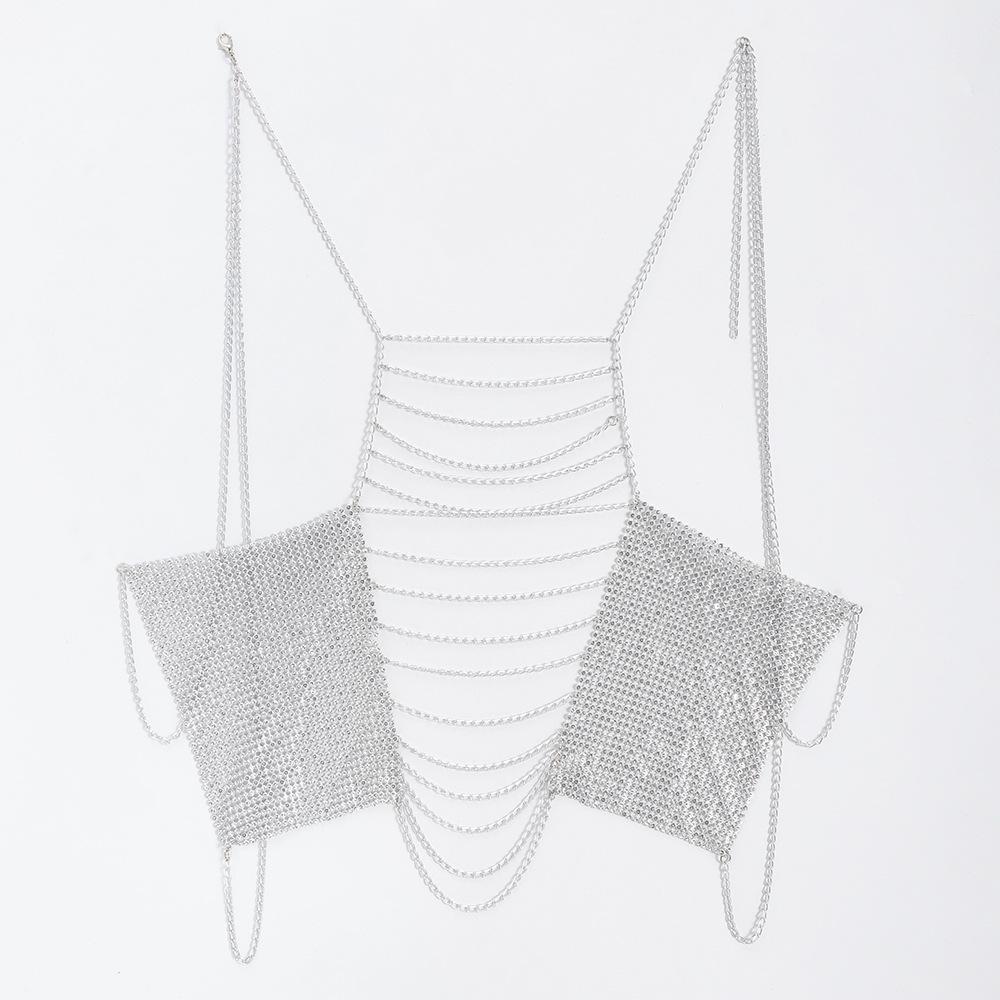New Sexy Grid Flash Diamond Neck Sling Girl Nightclub Hottie Metal Breast Chain Top