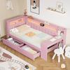 Divano Letto Imbottito 90x200 con Porte USB e Striscia LED, con Scrivania e 2 Cassetti, Rosa