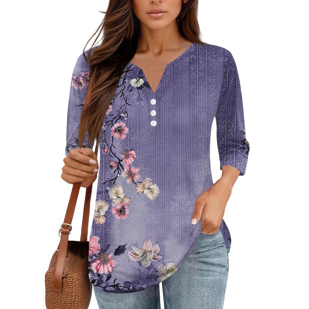 Damen V-Ausschnitt Freizeit Dreiviertelarm Knopf-Detail Top mit Blumenmuster
