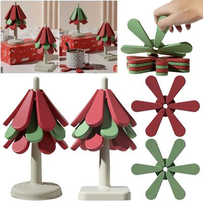 1/3Pcs Tree Shaped Trivet Stackable Christmas Themed Multi-Function Coaster with Stand  Dishes Trivets for Dining Table