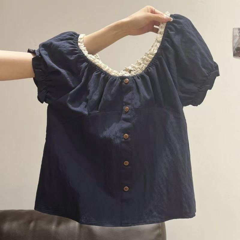 WTEMPO Women Lace Trim Square Neck Blouse Puff Short Sleeve Loose Casual Summer Vintage Top S