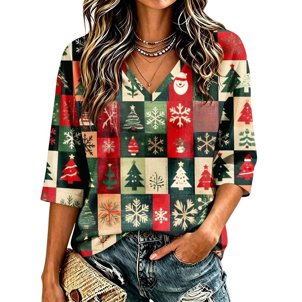 Top Casual da Donna con Scollo a V e Maniche 3/4 con Stampa Natalizia