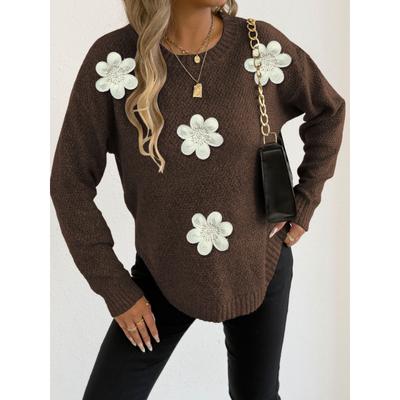 Damski sweter z kwiatowymi zdobieniami, okrągły dekolt, luźny krój, długi rękaw, dzianinowy top, wielokolorowy, casualowy, modny, pulower