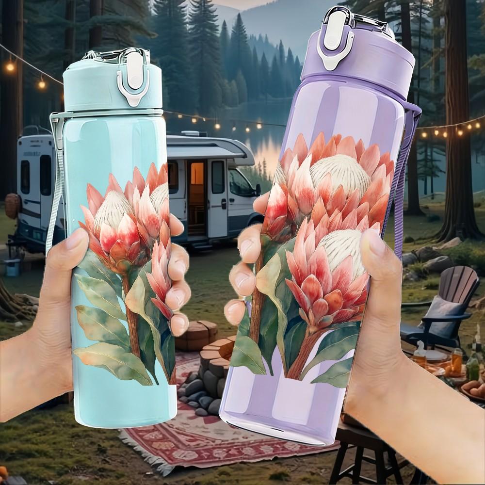 1PC Pink Protea Wild Flower Bloom 750ml Color Plastic Sports Water Bottle Leakproof Flip Straw Lid For Sports Office Home Use