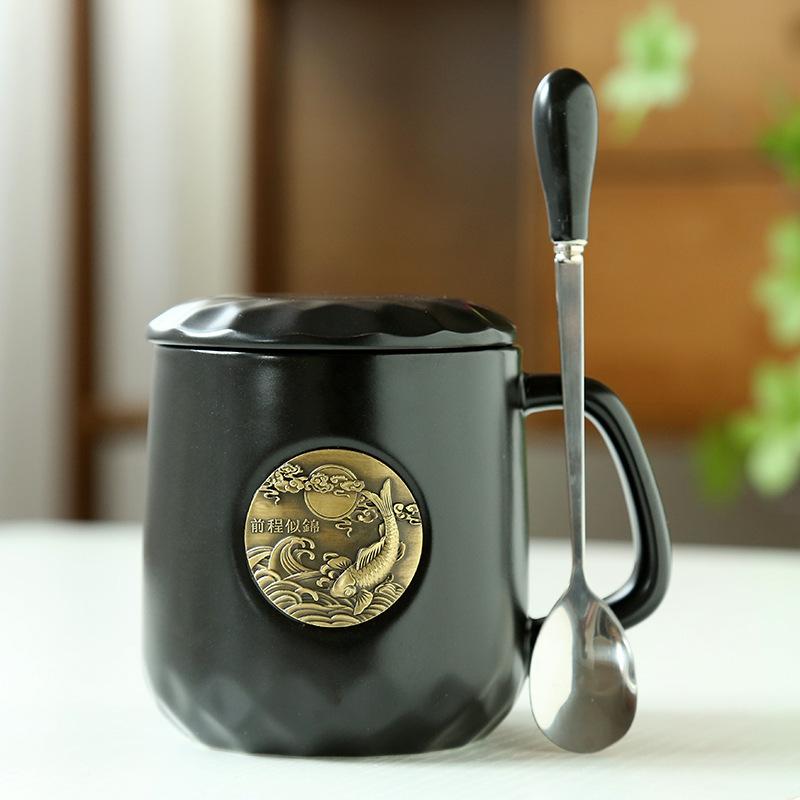 Ceramic Coffee Mermaid Copper Stamp Xingba Wind Ceramic Cup With Lid Spoon