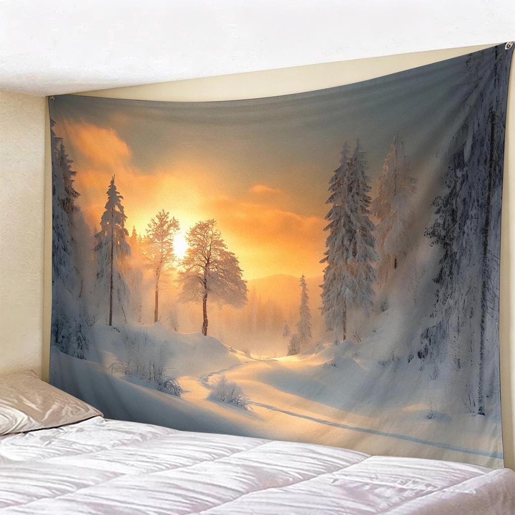 Christmas Psychedelic Tree Landscape Tapestry, Glowing Pink Forest Wall Hanging, Mystical Moon  River Backdrop for Room Decor