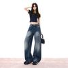 American retro jeans women's autumn new high waist and thin washed old design wide leg trousers