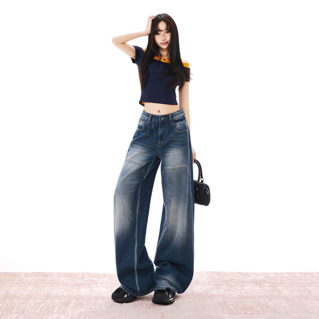 American retro jeans women's autumn new high waist and thin washed old design wide leg trousers
