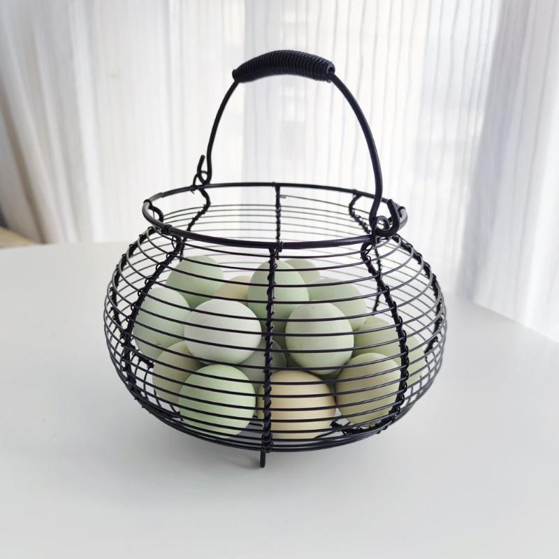Iron Wire Woven Egg Basket, Round Handheld Kitchen Grocery Basket
