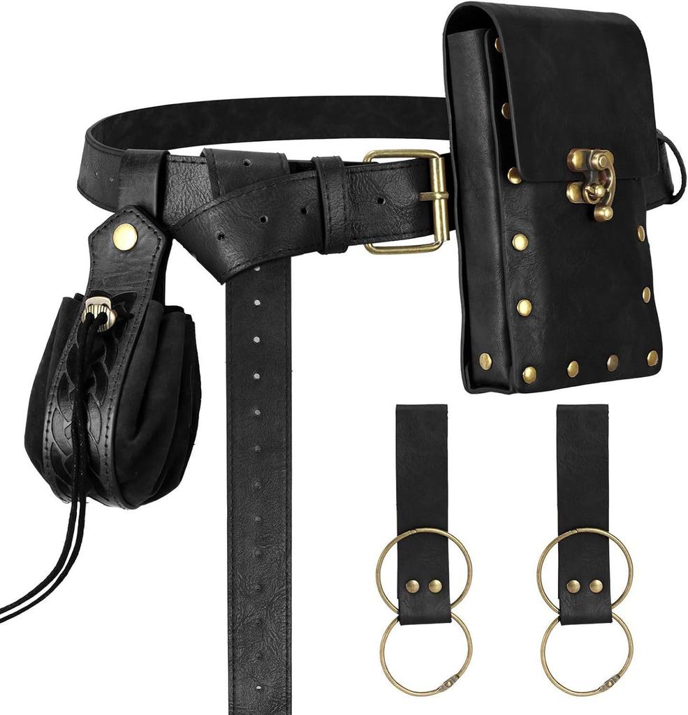 Medieval Leather Waistband Belt with Cord and Pouch