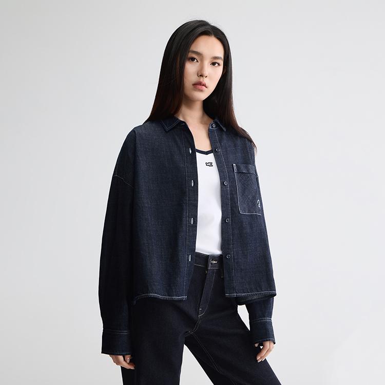 Comfortable Version Lapel Small Embroidery Logo Clear Wash Casual Trendy Long Sleeve Shirt Women shirts LWT009917211012898L00