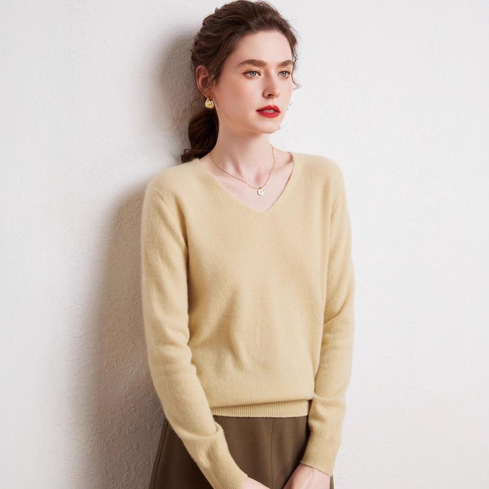 Women's 100% Pure Cashmere V-neck Sweater, Autumn Winter Long Sleeve Knit Pullover Top