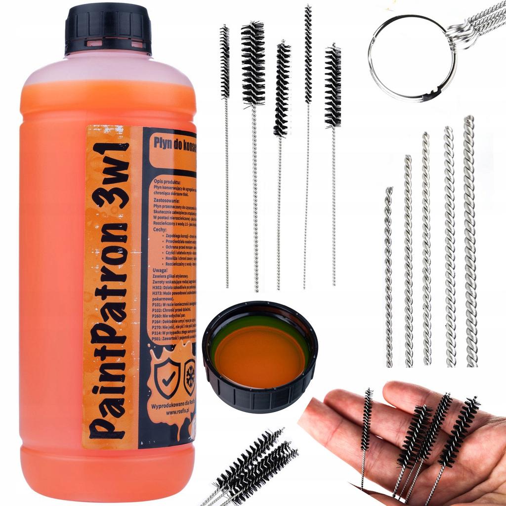 Rosfix Zestaw do Kompleksowej Konserwacji Agregatu i Pistoletu Malarskiego – Płyn 3w1 1L | Metalowe Wyciory i Szczotki 5szt.