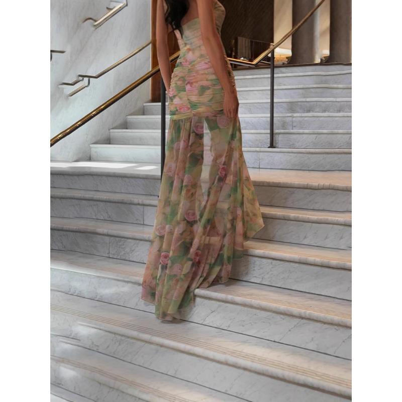 Damen Frühling Neu Sexy Träger Print Resort Strand Hohe Taille Skinny Schlitz Kleid Damen