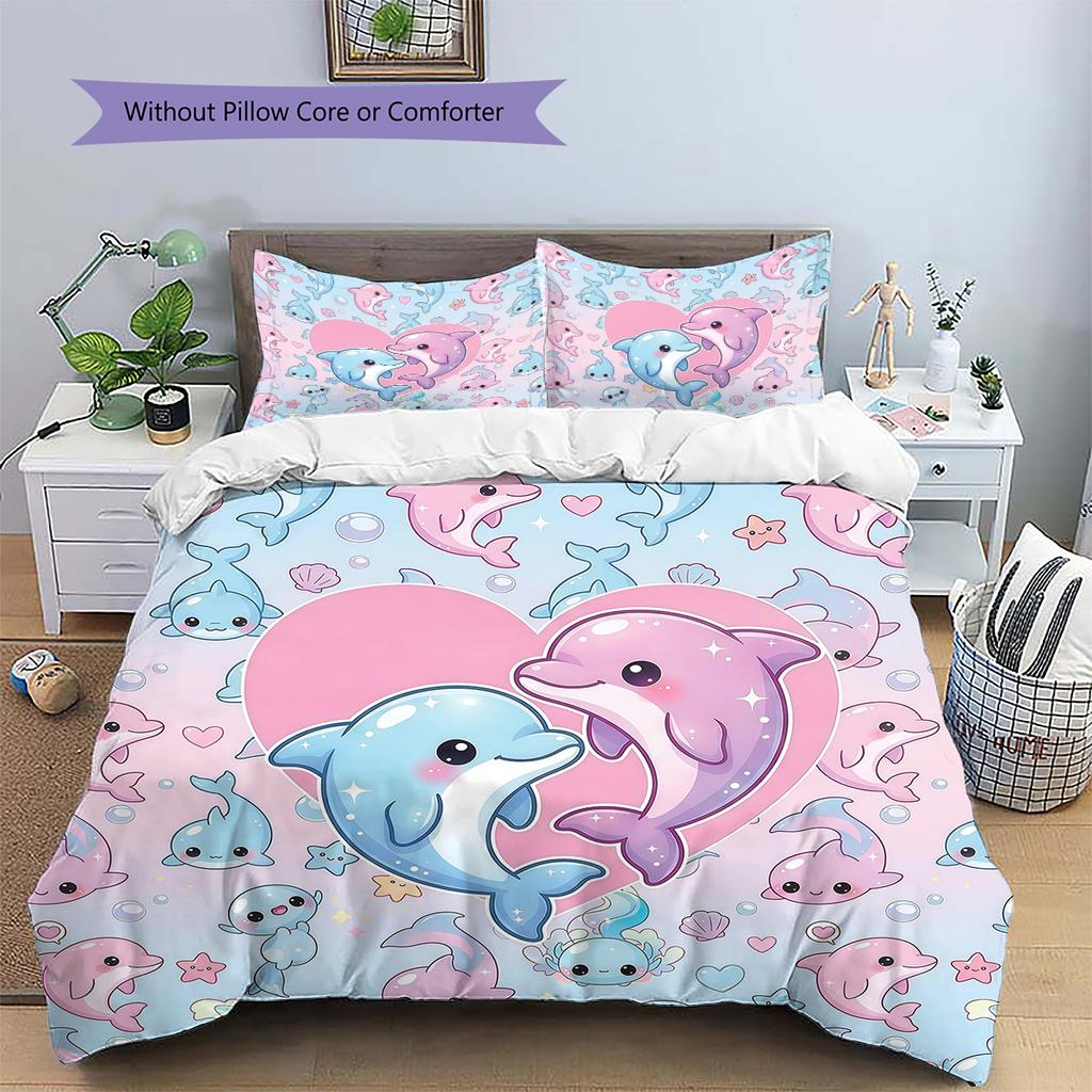 Pink Gradient Cartoon Pattern Bedding,Quilt Set Quilt Cover Pillowcase Home Birthday Gift (1 * Duvet Cover + 2 * Pillowcase, Without Core)