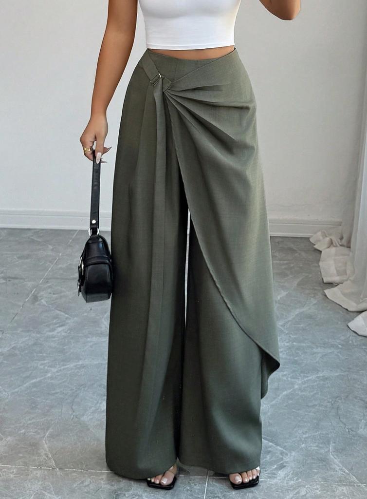 Pantaloni da donna a vita alta con nodo attorcigliato, gamba larga drappeggiata, vestibilità casual ampia, pantaloni palazzo