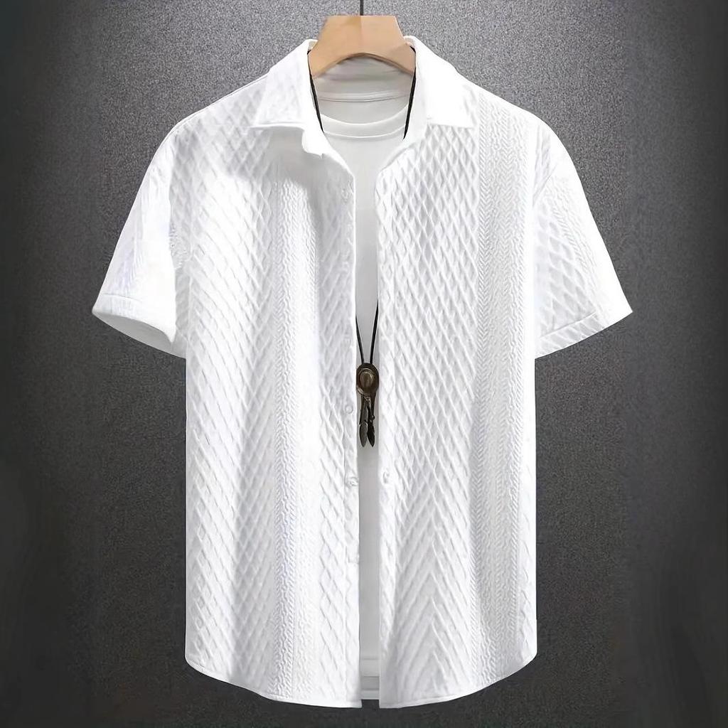 Camicia Casual da Uomo a Maniche Corte Estiva Streetwear Casuale Jacquard Collo a Revers Bottoni Camicia Vintage da Uomo Monocolore