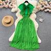 Summer French Mesh Long Dress Women Sweet Fly Sleeves Retro Half High Neck Pleated Dresses Ladies Elegant Party Dress