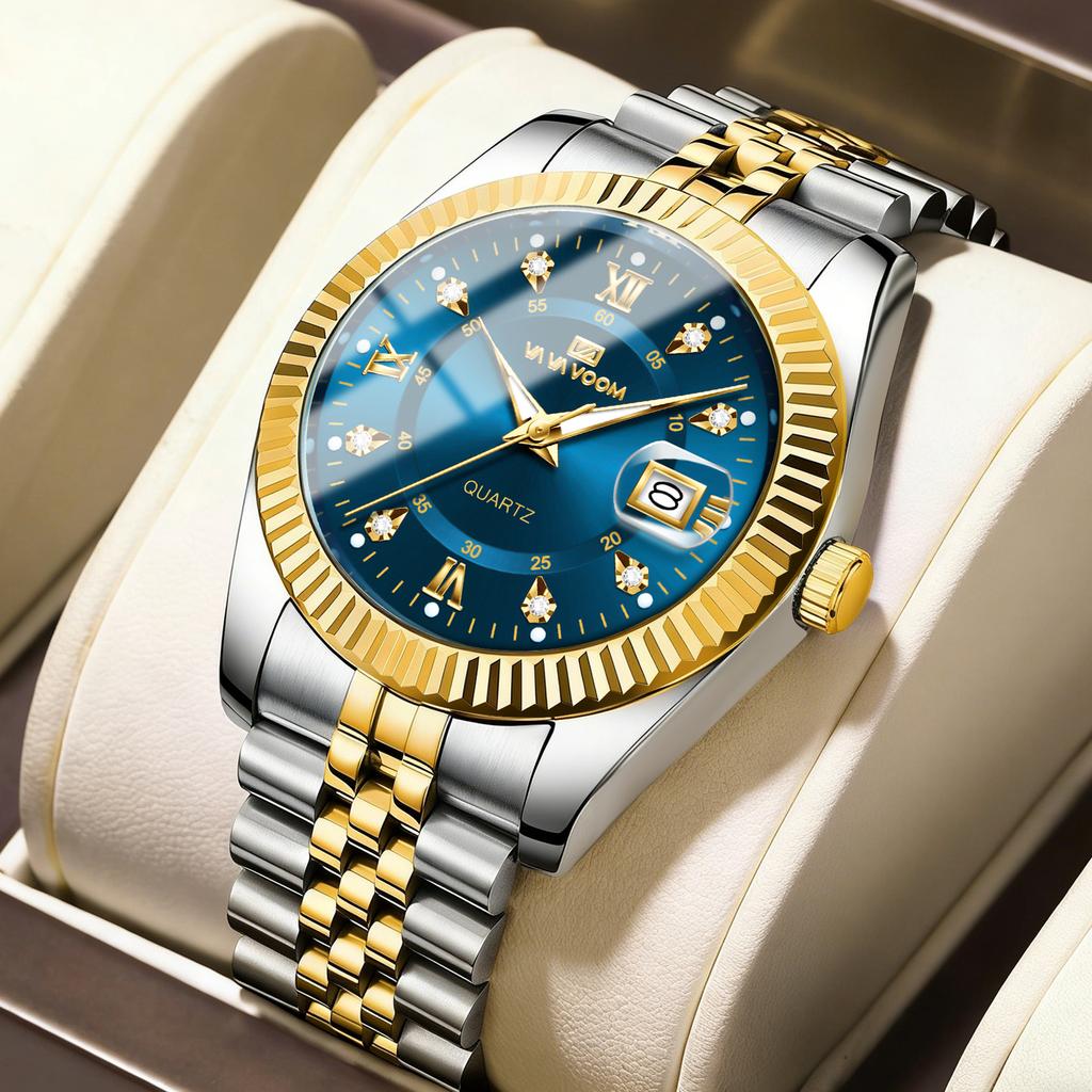 Fashion Luxury Male Wristwatch Two‑Tone Gold Case Rhinestone Dial Stainless Steel Original Quartz Movement Men's Business Watch