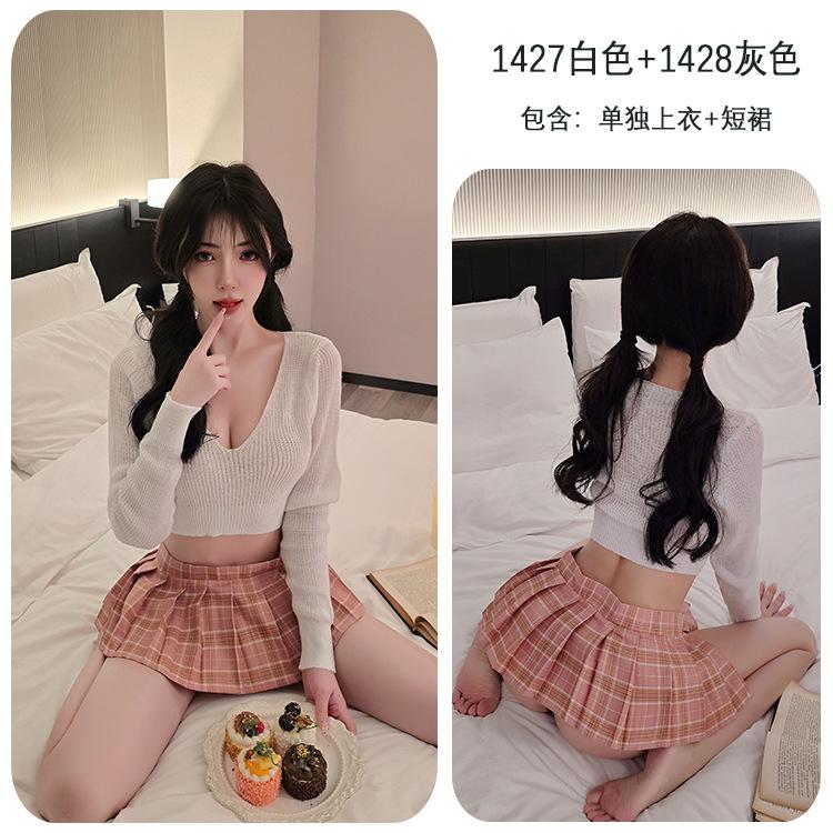 Sexy lingerie sexy jk plaid skirt low neckline sweater set pure desire uniform student 47