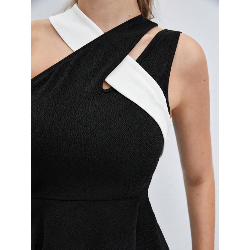 Women Asymmetrical One Shoulder Color Block Peplum Top Sleeveless Fitted Blouse