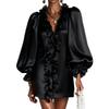 Damen Deep V-Ausschnitt Rüschenkragen Puffärmel Glänzendes Chiffon Kurzes Kleid für Elegante Anlässe