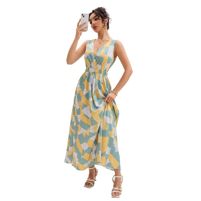 

Vacation Seaside Skirt Irregular Geometric Print V-neck Temperament Elastic Waist Hugging Slimming Sleeveless Vest Skirt Long dress Women Multicolor M