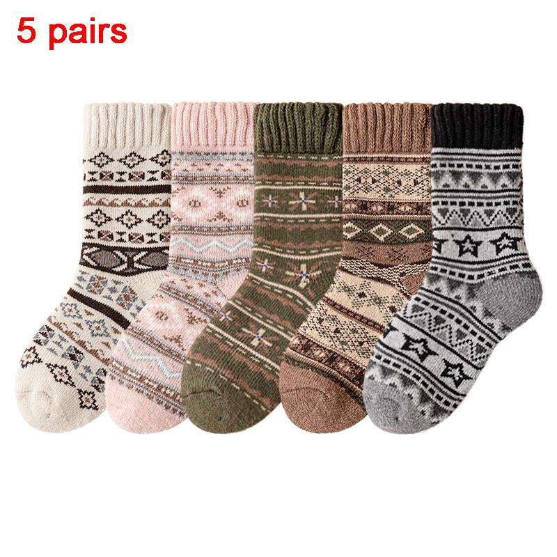 

5 Pairs Women s Winter Warm Socks Retro Ethnic Style Plus Velvet Padded Knitted Socks Indoor Floor Socks One Size