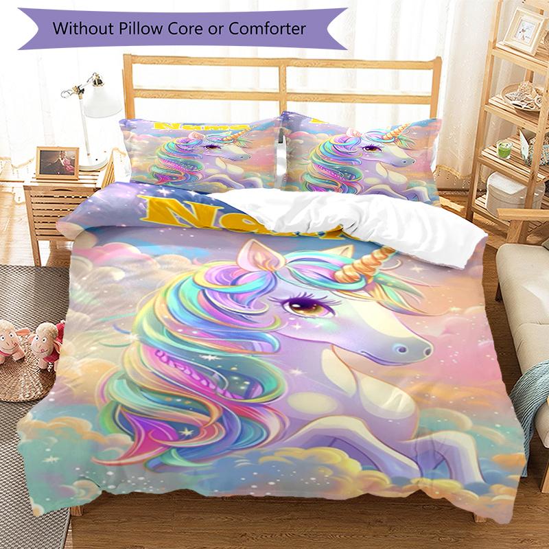 3pcs Custom Name Unicorn Bedding Set Duvet Cover Closure Includes 1 Duvet Cover & 2 Pillowcases, Soft and Comfortable for All Seasons.