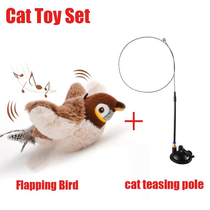 Interactive Cat Toys Electric Pat Bird with Cat Teaser Pole Dog Cats Touch-Activated Squeaky Catnip USB Rechargeable Plush Toy