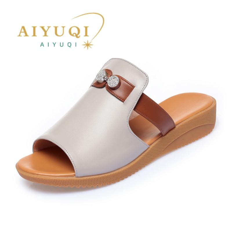 Fashion AIYUQI Women's Slippers Wedge 2025 New Genuine Leather Women Summer Slippers Mom Large Size 41 42 43 Anti-Slip Women Slippers
