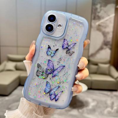 Glitzer Pailletten Schmetterling Bumper Hülle Für iPhone 16 E 15 14 13 12 Mini 11 Pro XR X XS Max 7 8 Plus SE Gewellter Rahmen Bling Cover