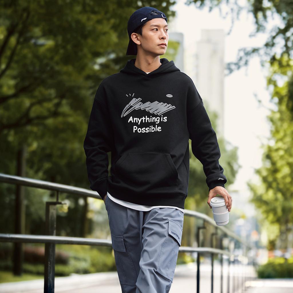 Li Ning Sports Lifestyle Series Infraröd Antistatisk Antibakteriell Pullover Lös Fleece Varm Sweatshirt Unisex sweatshirt Svart AWDUA07-1