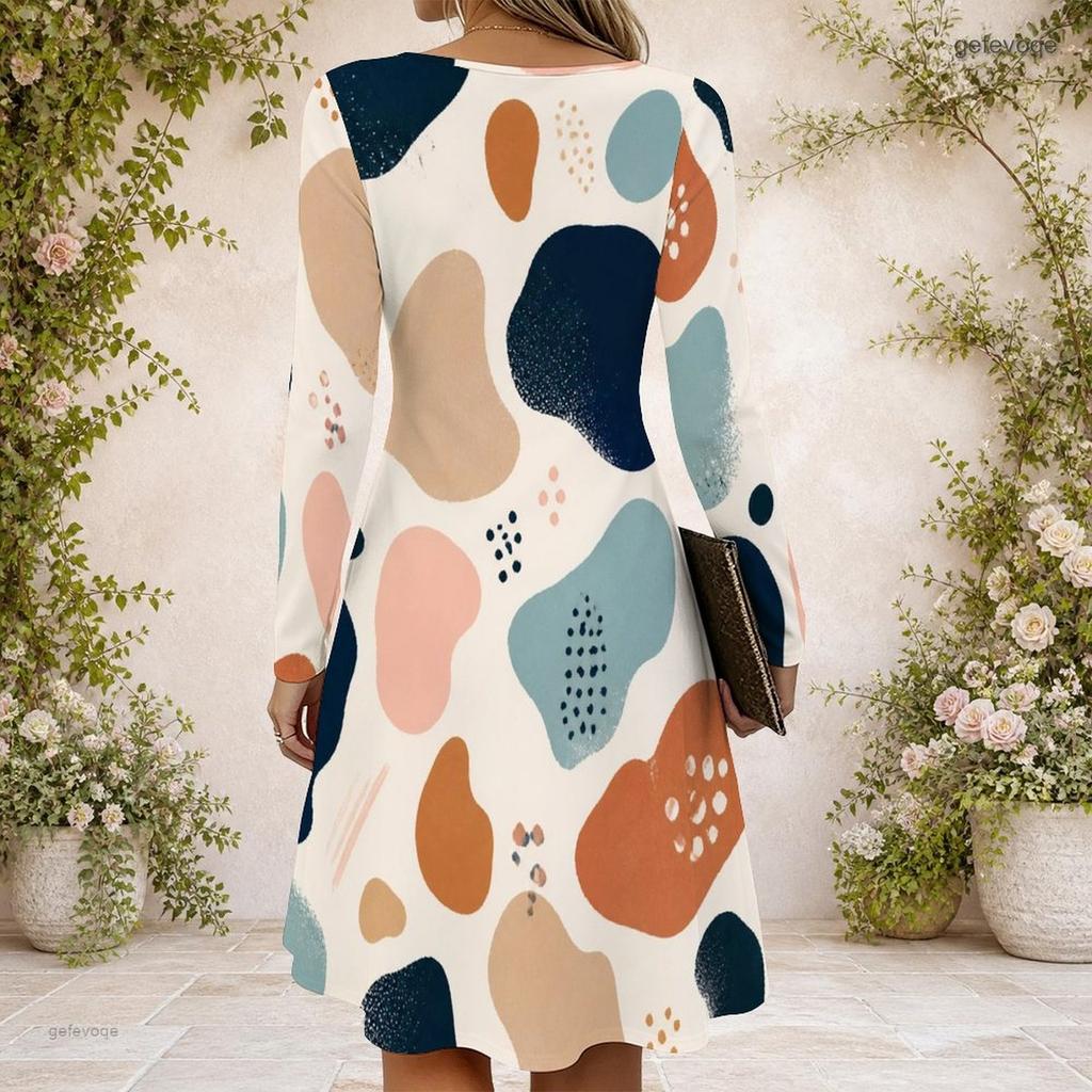 Women Criss Cross V Neck Long Sleeve Abstract Printed Curved Hem Dress
