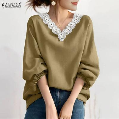 Women Lace Splice V-neck Casual Long Sleeve Blouse