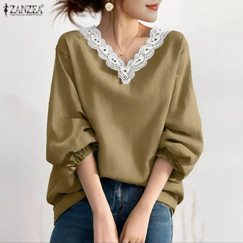 ZANZEA Women Lace Splice V-neck Casual Long Sleeve Blouse