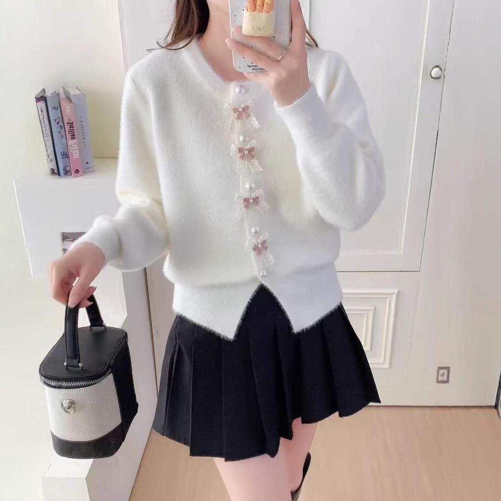3D Bow Mink Knit Cardigan for Women, New Autumn/winter Loose, Soft, and Versatile Sweater Jacket