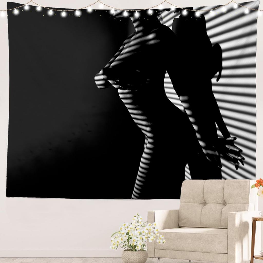 Woman Sexy Artistic Black and White Line Picnic Mat Hippie Trippy Tapestry Wall Art Meditation Decor for Bedroom Living Room