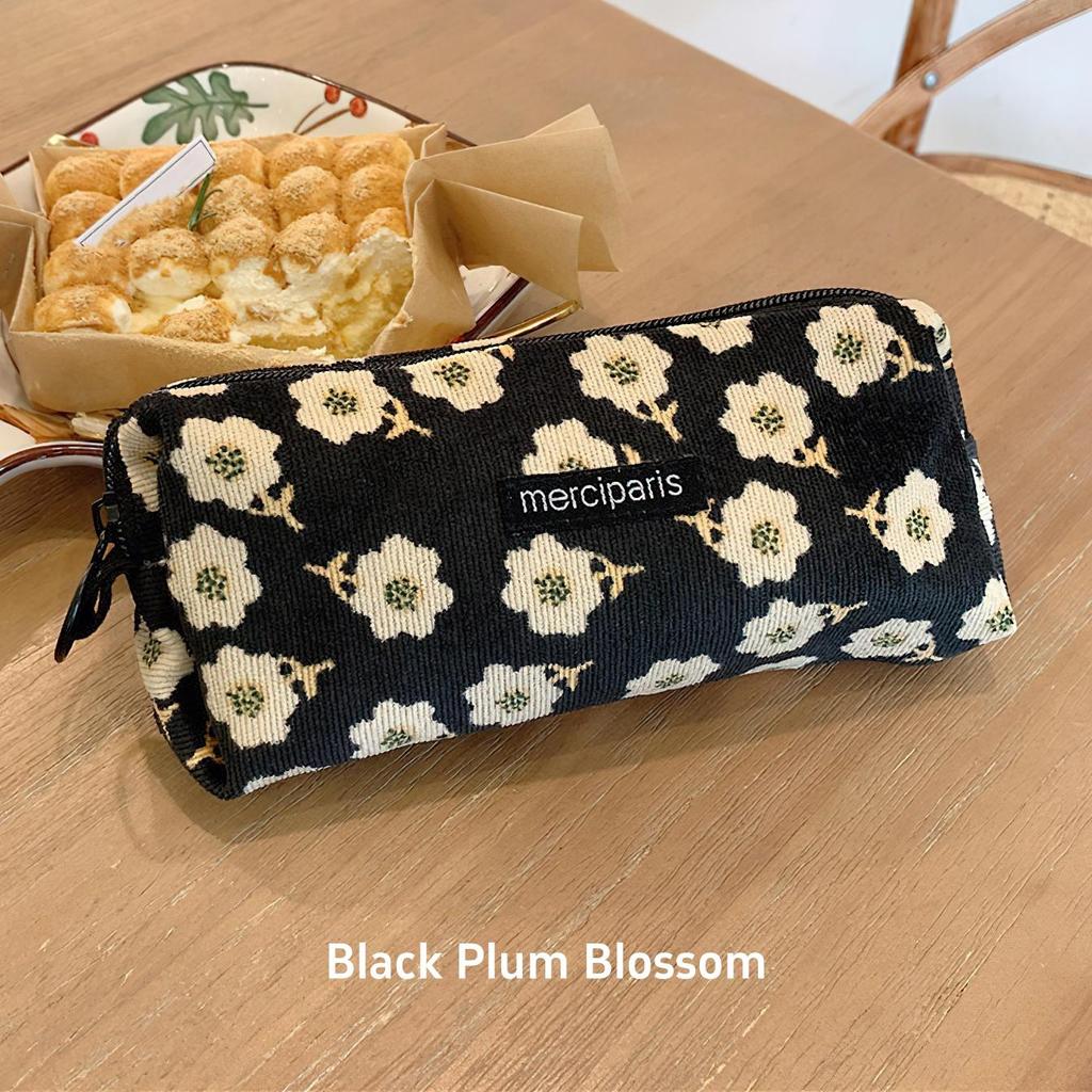 1pcs Corduroy Pencil Bag Pen Case Vintage Flower Grid Artistic Style Student Bag Unique Stationery Storage Pouch School