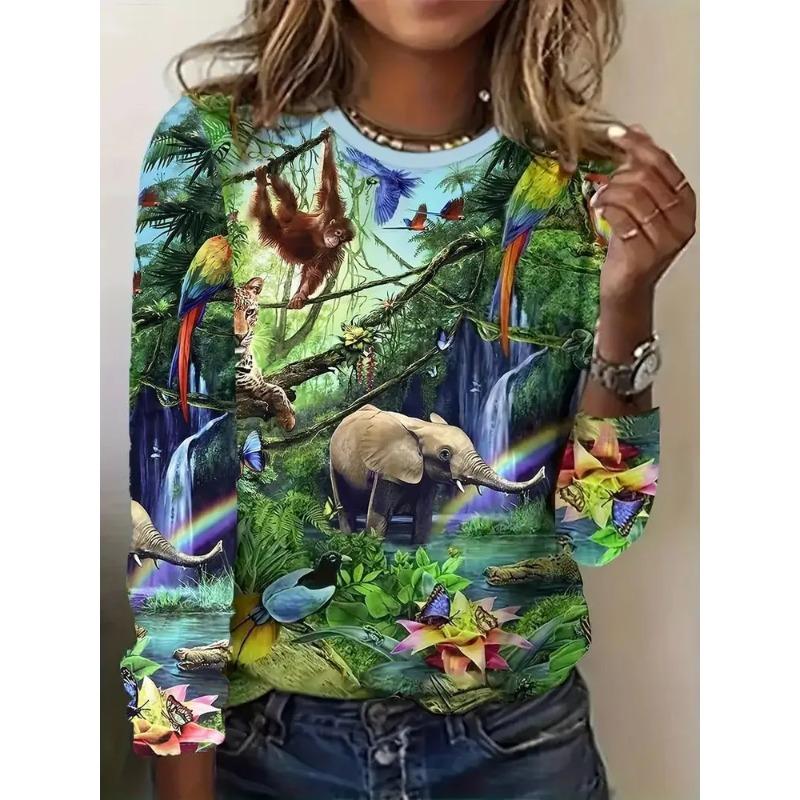 Autumn Women's 3D Animal Landscape Print Crew Neck T-Shirt