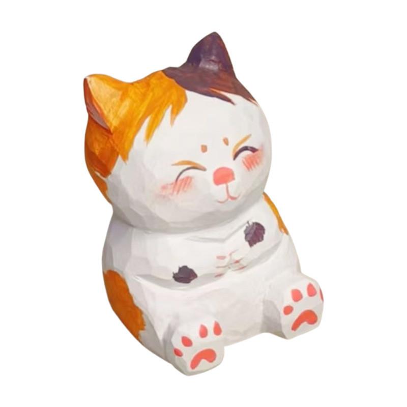 Wooden Lucky Cat Craft Decor With Cute Design For Home Office And Car Interior