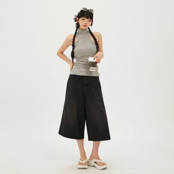 Women's High Waist Wide Leg Capri Denim Shorts - Summer 2024 Thin Style, Slimming Petite Fit