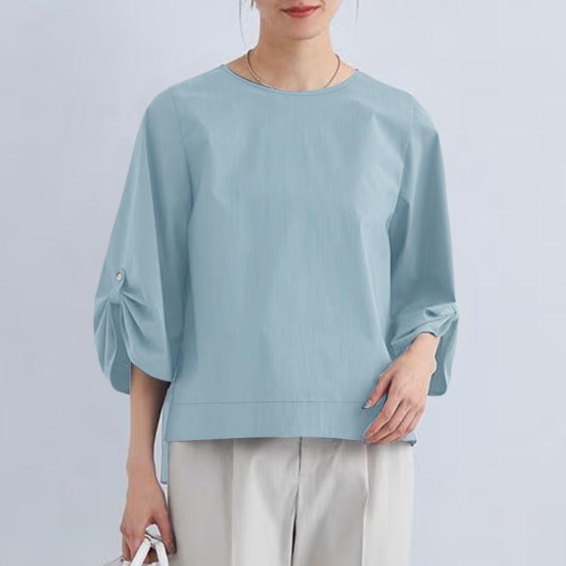 

ZANZEA Женская повседневная блузка с круглым вырезом, однотонная, с рукавами 3/4 5XL синий