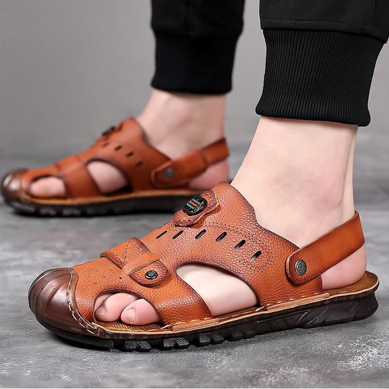 Baotou sandals men's leather casual beef tendon sole first layer cowhide beach shoes dual-purpose driving wear-resistant non-slip dad shoes